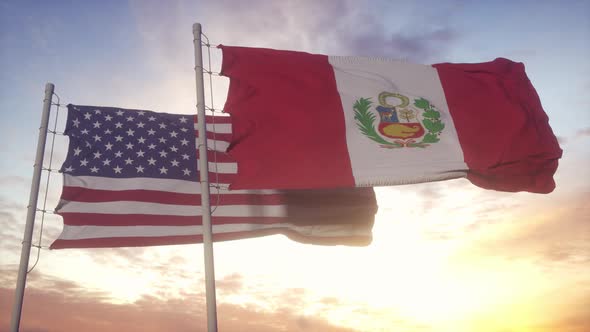 Peru and United States Flag on Flagpole