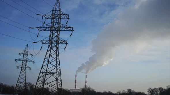 Power Lines and Pipe Smoke Power Plant