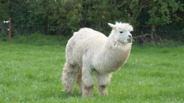 White Alpaca Eating A Grass In The Green Pasture At Castle View Open Farmland In Ireland, County Lao