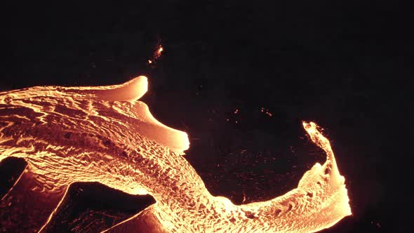 Drone Over Flowing River Of Molten Lava From Erupting Volcano