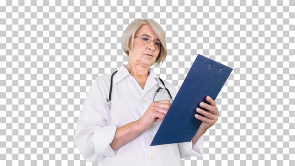 Mature female doctor looking to camera, Alpha Channel