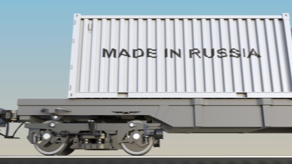 Moving Cargo Train and Containers with MADE IN RUSSIA Caption