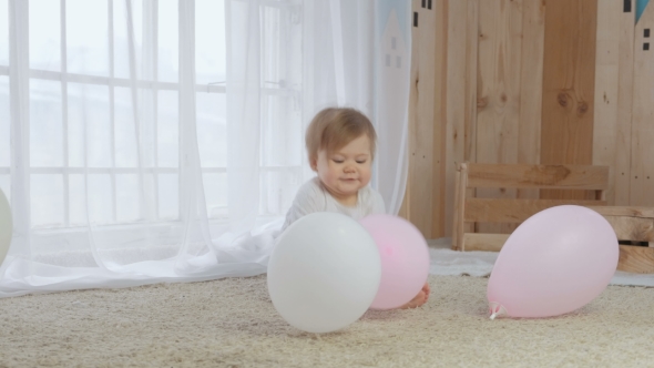 Little Girl Smiling with Colorful Balloons. White and Pink Colour.