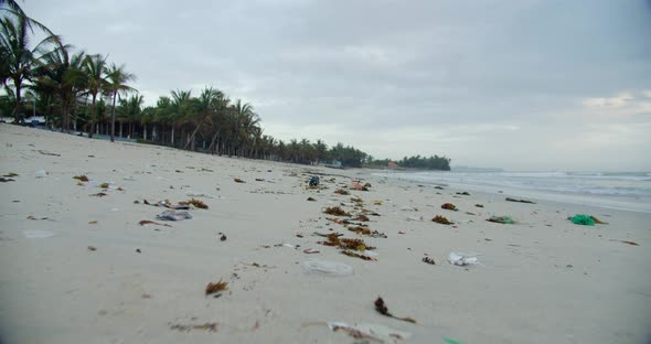 Closeup Shows Trash and Plastic Trash Bags Strewn Across the Beach