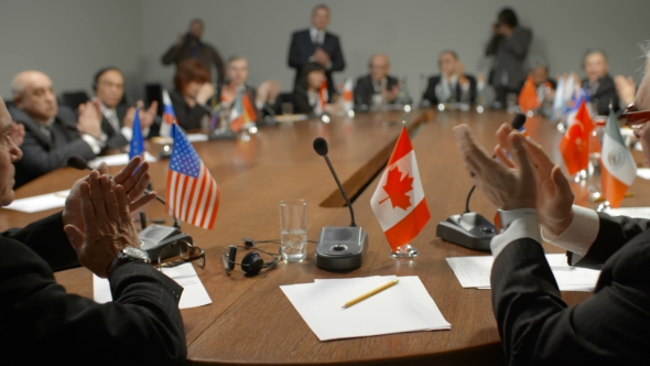 Canadian Leader at International Summit. Flag of Canada, White Paper, Pencil and Microphone