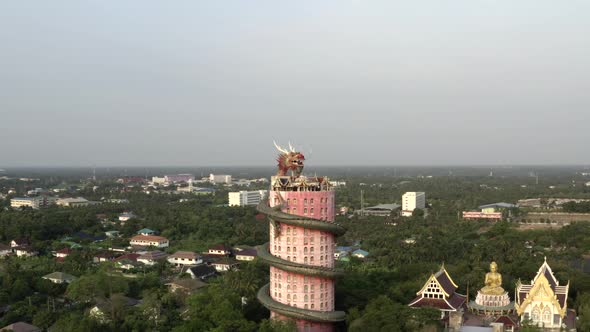 Wat Samphran Dragon Temple and Landscape Aerial Drone Orbit