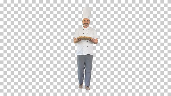 Senior cook with a pizza in hands walking, Alpha Channel