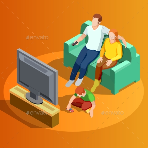 Family Watching TV Home Isometric Image