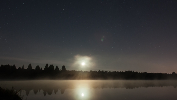 Night  with the Moon and Stars Above a Lake