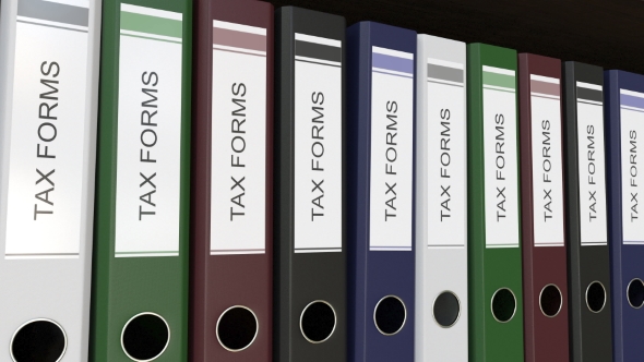 Line of Multicolor Office Binders with Tax Forms Tags alt