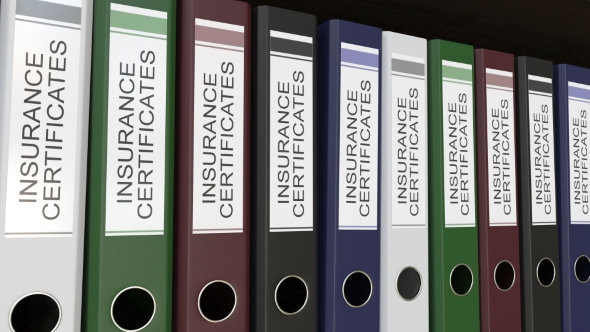 Line of Multicolor Office Binders with Insurance Certificates Tags