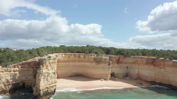 Seagulls flying towards camera with beautiful cliffs and beach in the background