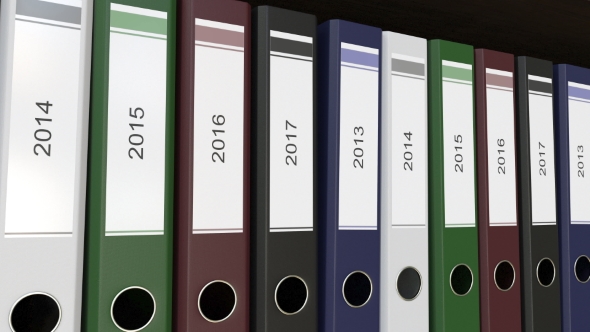 Line of Multicolor Office Binders with 2013 - 2017 Year Tags