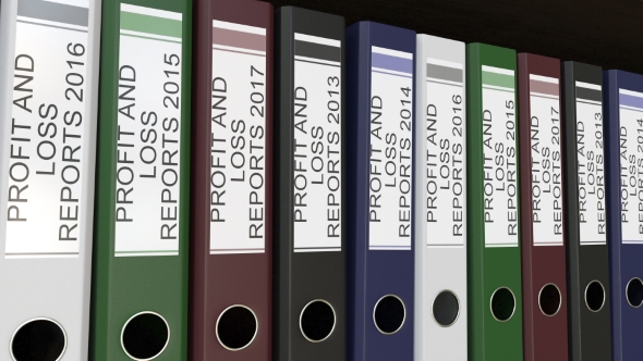 Line of Multicolor Office Binders with Profit and Loss Reports Tags Different Years