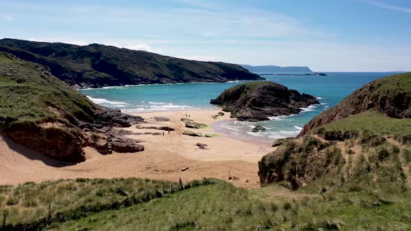 Aerial View of the Murder Hole Beach Officially Called Boyeeghether Bay in County Donegal Ireland