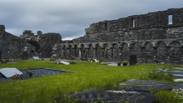 Motion time lapse of Creevelea Abbey medieval ruin in county Leitrim in Ireland as a historical sigh