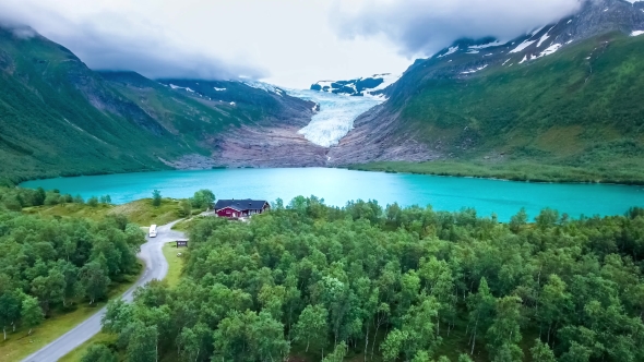 Svartisen Glacier in Norway Aerial View.