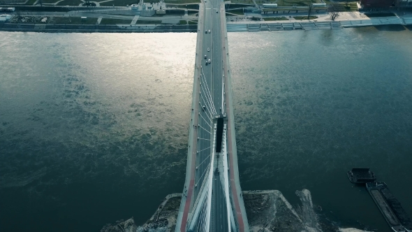 Aerial of Vistula River and Holy Cross Cable Bridge in Poland