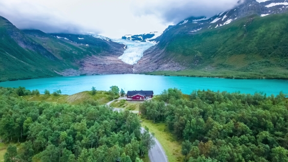 Svartisen Glacier in Norway Aerial View.