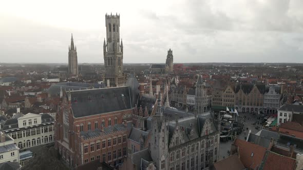 Aerial of Bruges on a cold winter day, drone shot belgium