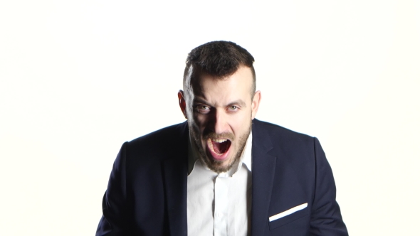 Businessman in Black Suit Is Screams and Shouts, White Background