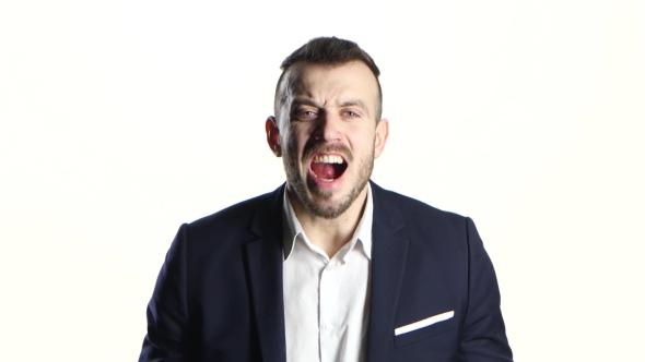 Man in Business Suit Is Screams and Shouts, White Background