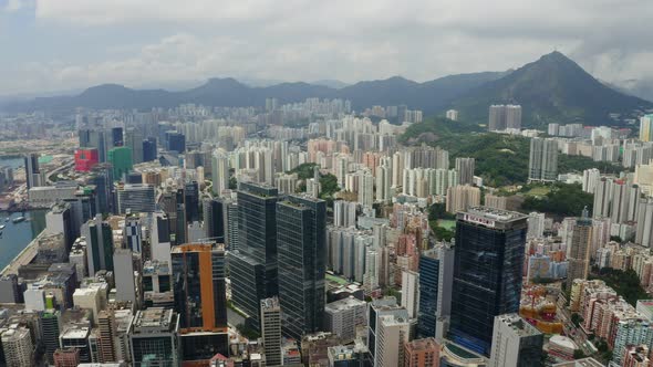 Drone fly over Hong Kong city