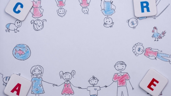 Word CARE Over White Background with Child's Drawing of Family. Stop Motion