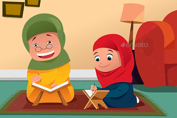 Muslim Mother and Daughter Studying Quran at Home