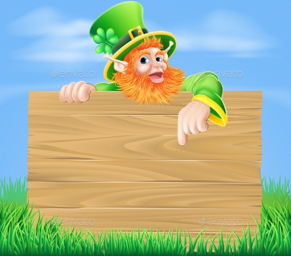 Leprechaun and Wooden Sign in Spring Field