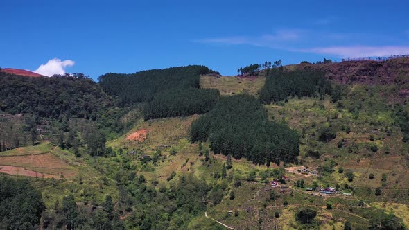 Aerial view of low mountains near Nuwara Eliya, Sri Lanka.