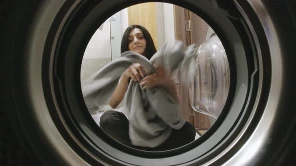 Happy Female Person Wash Clothes Sequence