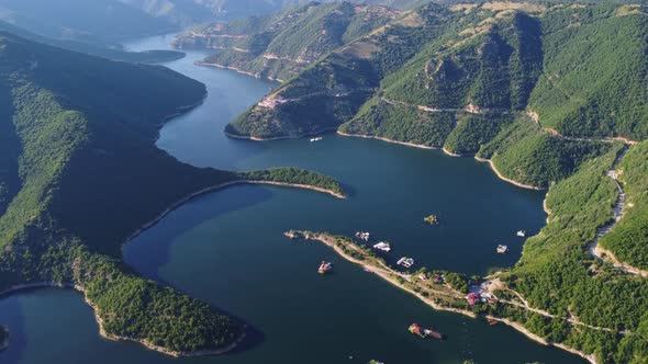 Aerial Panoramic View of Vacha Reservoir Located in Bulgaria Near the Devin City Rhodopa Mountains