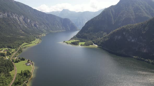 Aerial view Hallstätter See and big mountains Alps, Hallstatt, Austria