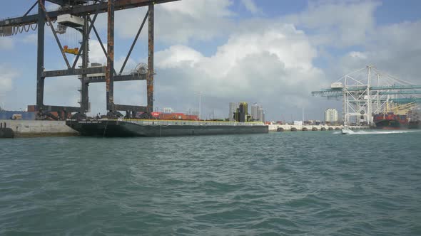 Cargo cranes and container ships in a port