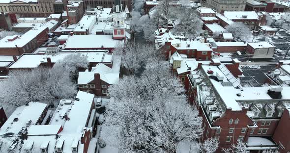 Rising aerial of American city in winter scene. Fresh snow covered trees. Pretty evening setting. Ca