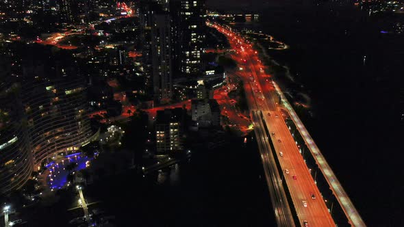 Sundale Bridge, pullback night shot from air, Gold Coast Australia,