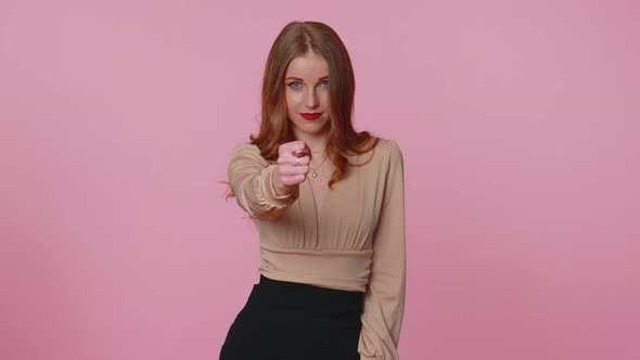 Greedy Businesswoman Showing Fig Gesture you Dont Get It Anyway Refusal Fig Sign Pink Background