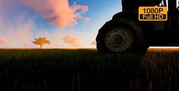 Tractor working in the field sunset alt