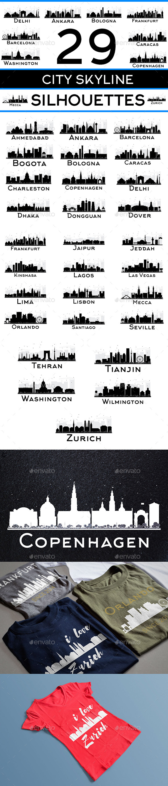 29 City Skyline Silhouettes Set