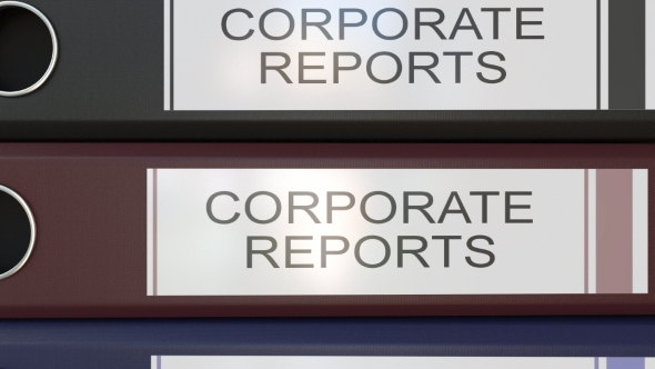 Vertical Stack of Multicolor Office Binders with Corporate Reports Tags