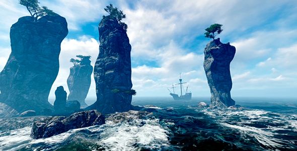 Ocean Ship And Stone Cliffs alt