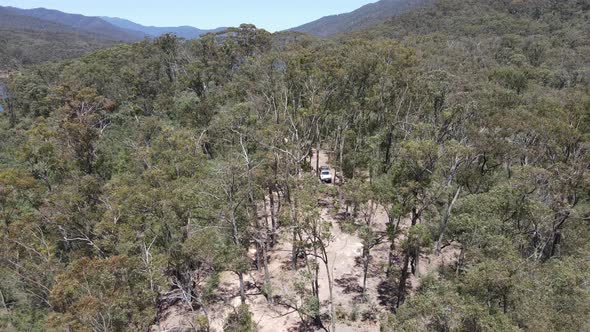 Aerial drone shot of 4WD car Moving away to show tall trees, green bushland, and blue water near Lak