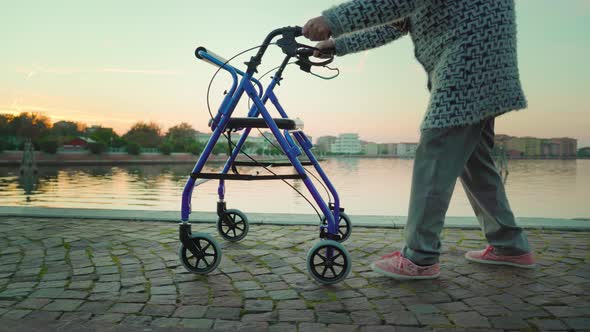 Old Woman Strolls Near Venice Lagoon with Wheelchair at Dusk