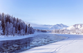 Winter snowy landscape by a river , Russia, Siberia Altai - PhotoDune Item for Sale