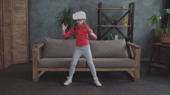 Little Girl Using VR Headset at Home