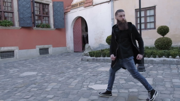 Handsome Bearded Man Posing in the Street, Brutal Hipster Portrait