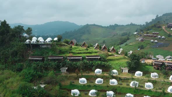 Aerial View of Camping Grounds and Tents on Doi Mon Cham Mountain in Mae Rim, Chiang Mai Province