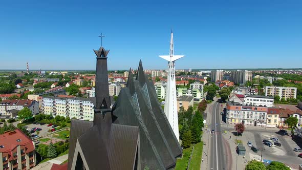 Aerial view of the Church of the Mother of God - queen of Poland in Elblag town