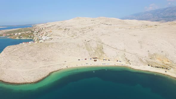 Flying above isolated beach of Pag island, Croatia